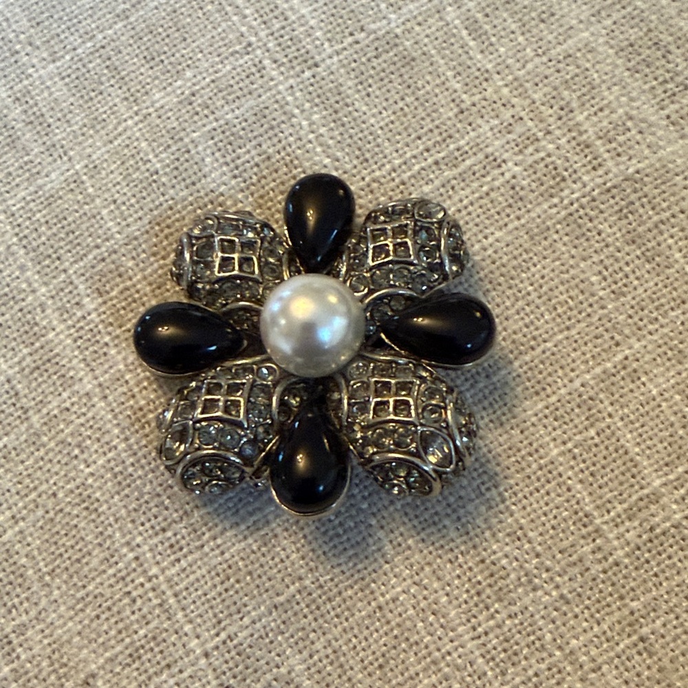 St. John Black and Silver Brooch with Pearl Accent
